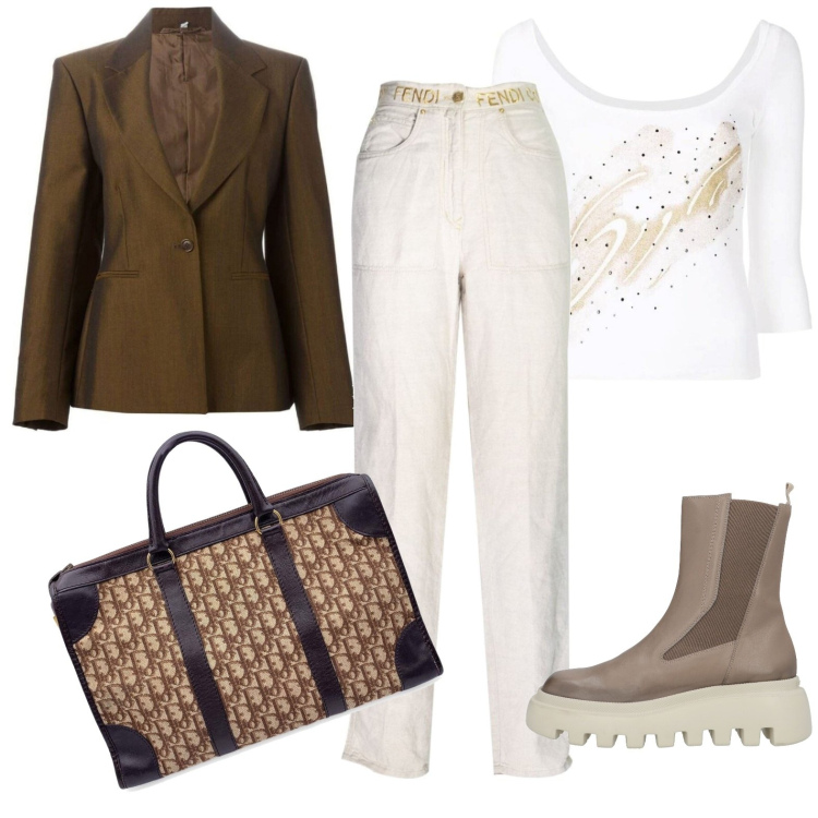 Outfit donna - Total look #1758915. Stile Casual chic per Tutti i giorni. Abbinamento con stivaletti, top, blazer, pantaloni, borse a mano.