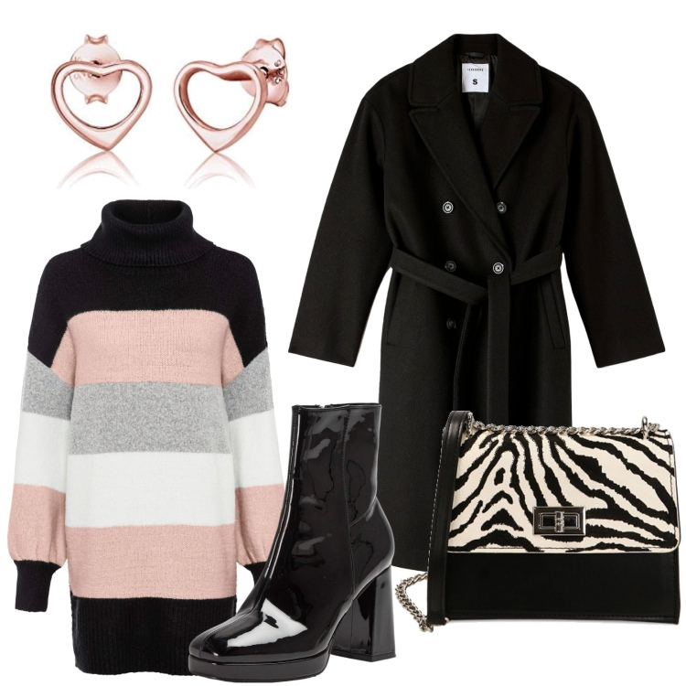 Outfit donna - Vestito in maglia. Stile Casual chic per Tutti i giorni. Abbinamento con maglieria, pantaloni corti, stivaletti, cappotti, borse a tracolla, orecchini.