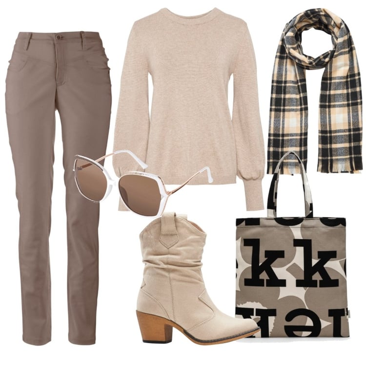 Outfit donna - Pull e texani. Stile Casual chic per Tutti i giorni. Abbinamento con maglieria, pantaloni, stivaletti texani, occhiali da sole, borse tote, sciarpe.