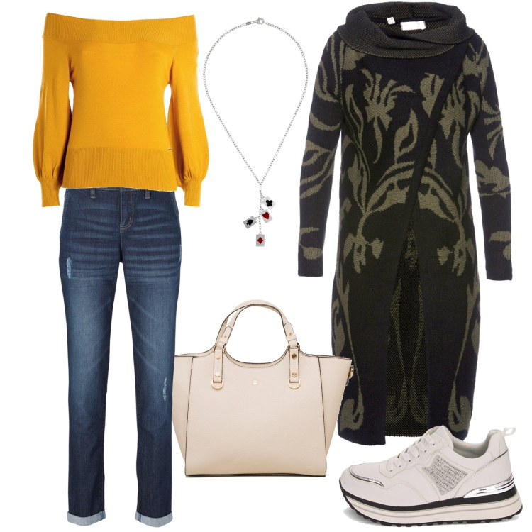 Outfit donna - Cardigan lungo. Stile Casual per Tutti i giorni. Abbinamento con jeans boyfriend, cardigans, maglieria, sneakers, borse a mano, ciondoli.