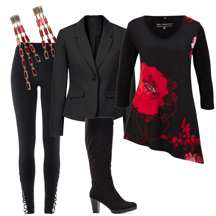 Outfit donna - Bonprix singles’ day. Stile Trendy per Scuola/Università. Abbinamento con stivali, orecchini, maglieria, blazer, leggings.
