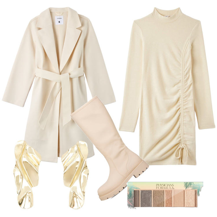 Outfit donna - Cioccolato bianco. Stile Minimal per Tutti i giorni. Abbinamento con ombretti, vestiti corti, cappotti, orecchini, stivali.