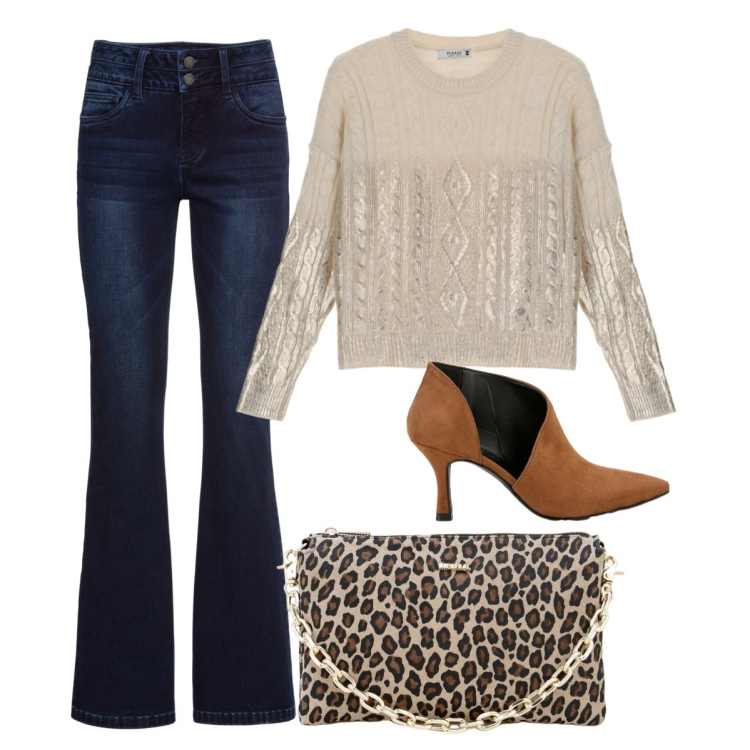 Outfit donna - Comoda e chic. Stile Casual chic per Tutti i giorni. Abbinamento con jeans bootcut, pullovers, pochette, stivaletti.
