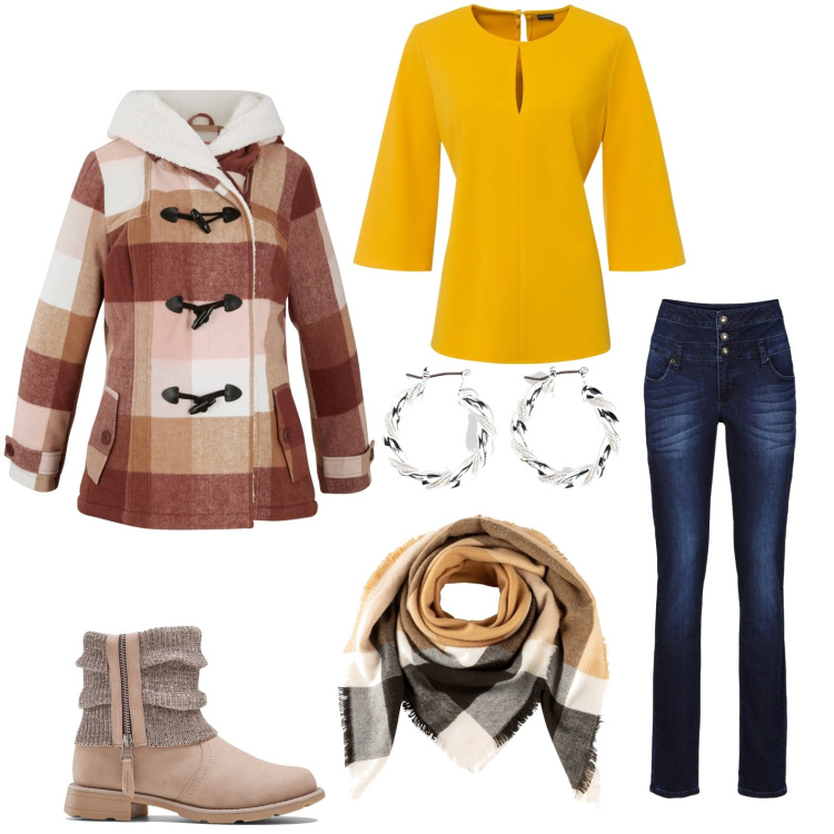 Outfit donna - Total look #1759055. Stile Basic per Scuola/Università. Abbinamento con stivaletti, orecchini, cappotti, bluse, jeans skinny, foulard.