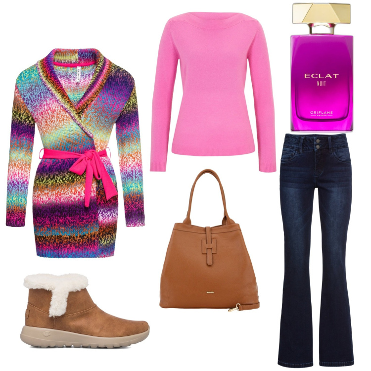 Outfit donna - Total look #1759073. Stile Casual per Tutti i giorni. Abbinamento con jeans bootcut, cardigans, maglieria, profumi, borse a secchiello, stivaletti.