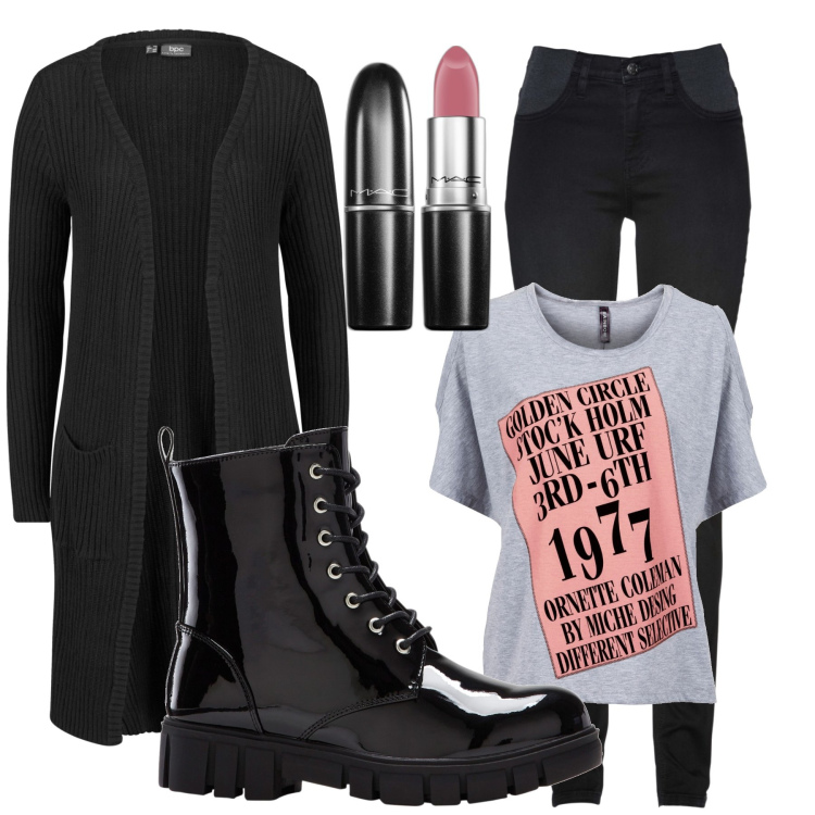 Outfit donna - Total look #1759075. Stile Casual per Tutti i giorni. Abbinamento con jeans skinny, maglieria, stivaletti, cardigans, rossetti.