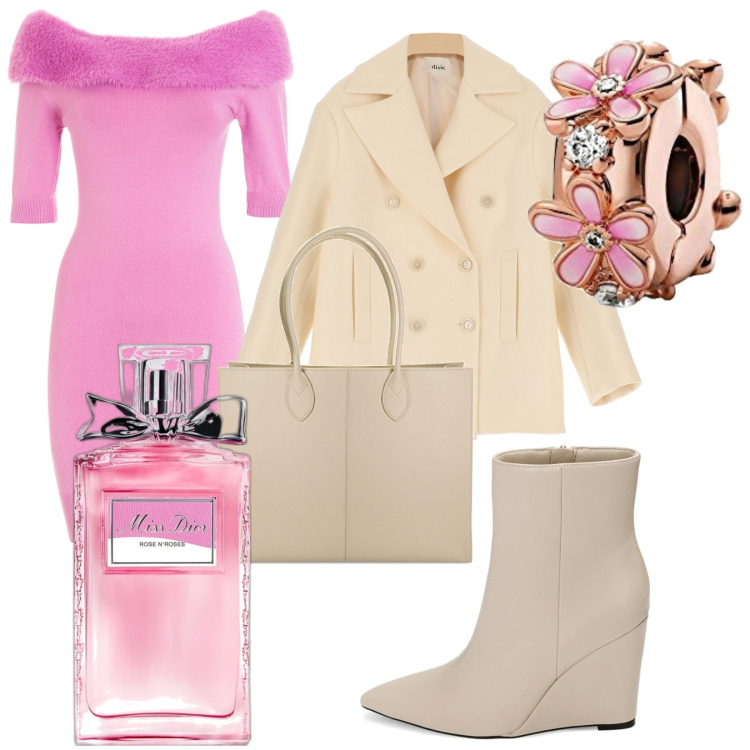 Outfit donna - Rosa in bianco. Stile Glamour per Serata fuori. Abbinamento con profumi, vestiti, stivaletti, borse a spalla, cappotti, braccialetti.