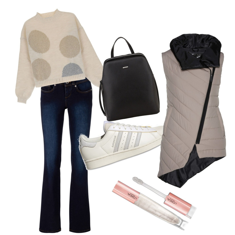 Outfit donna - Jeans & curvy. Stile Casual per Ufficio. Abbinamento con jeans bootcut, gilet, gloss, pullovers, zaini, sneakers.