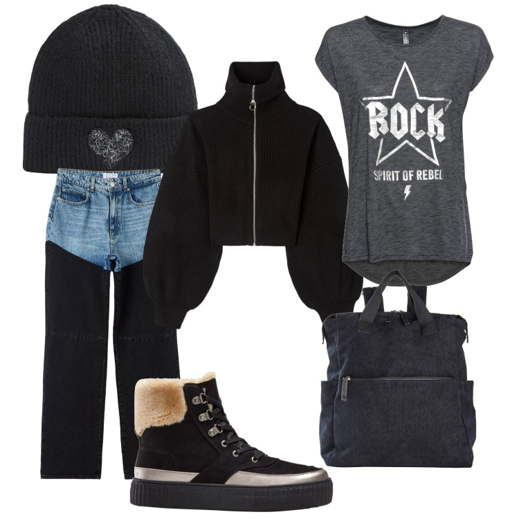 Outfit donna - Rock style. Stile Rock per Tutti i giorni. Abbinamento con zaini, t-shirt, stivaletti, maglieria, jeans dritti, berretti.