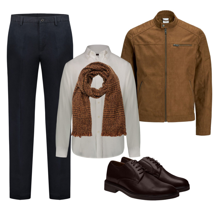 Outfit uomo - Il giubbino marrone. Stile Casual per Ufficio. Abbinamento con sciarpe, pantaloni, camicie, scarpe stringate, cappotti.