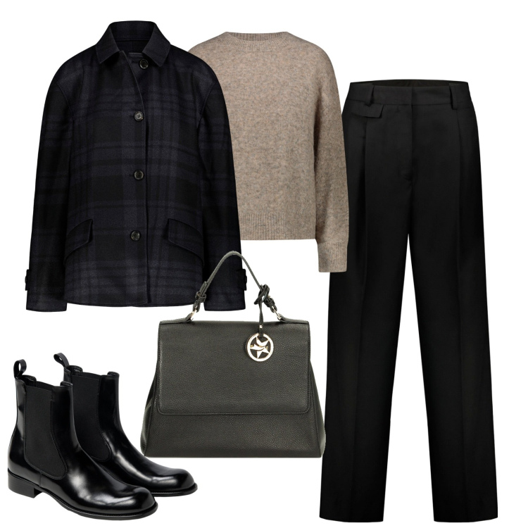 Outfit donna - Doppelganger. Stile Basic per Tutti i giorni. Abbinamento con borse a mano, pantaloni, blazer, stivaletti chelsea, maglieria.