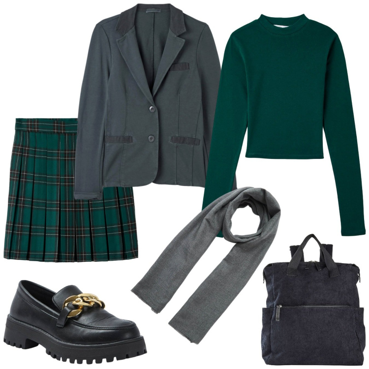 Outfit donna - Stile college. Stile Preppy per Scuola/Università. Abbinamento con zaini, t-shirt, minigonne, mocassini, cappotti, sciarpe.
