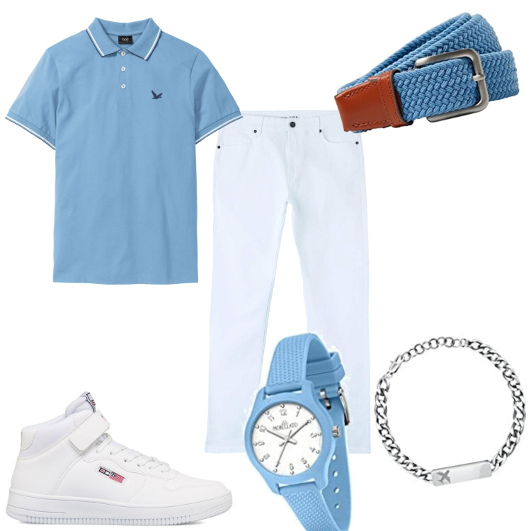 Outfit uomo - Estate in bianco e celeste. Stile Urban per Tutti i giorni. Abbinamento con polo, pantaloni skinny, sneakers alte, orologi, cinture.