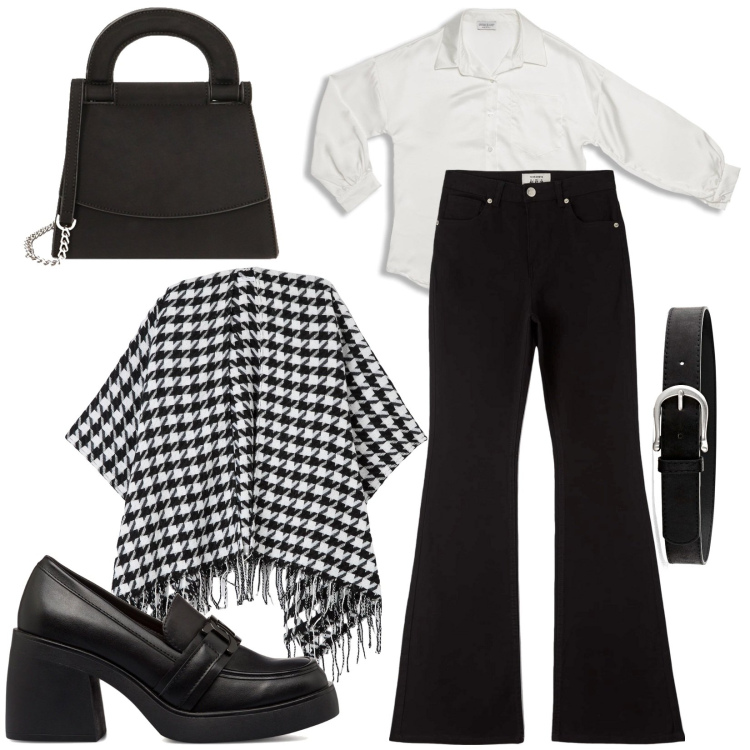 Outfit donna - Bianco nero. Stile Trendy per Scuola/Università. Abbinamento con cinture, pantaloni, cappe, borse a mano, mocassini, camicie.