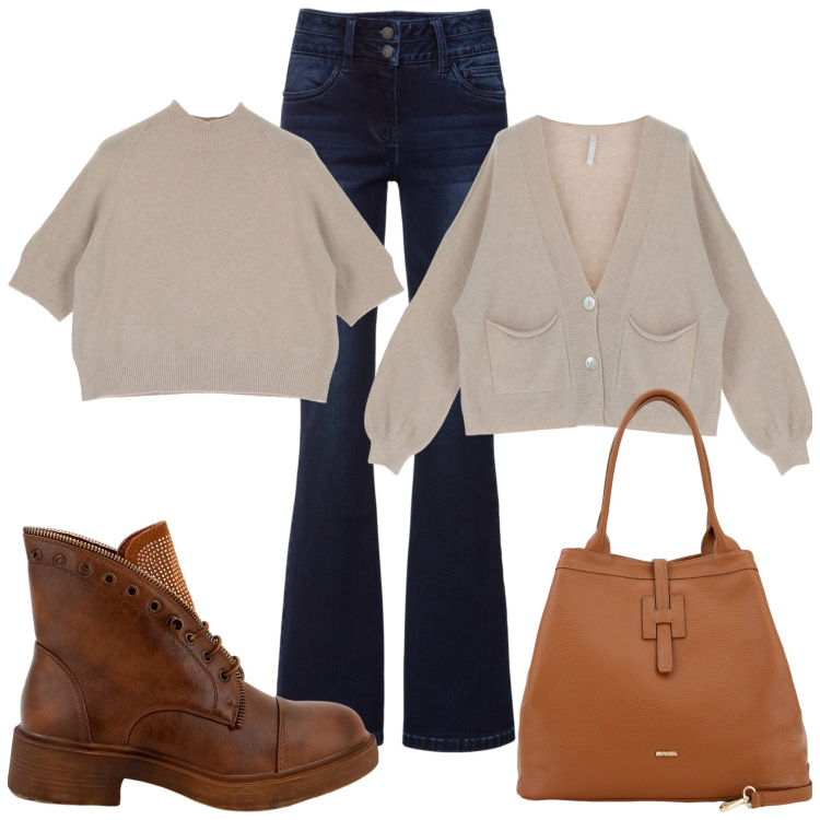 Outfit donna - Total look #1759165. Stile Casual chic per Ufficio. Abbinamento con jeans bootcut, stivaletti, borse a secchiello, cardigans, maglieria.