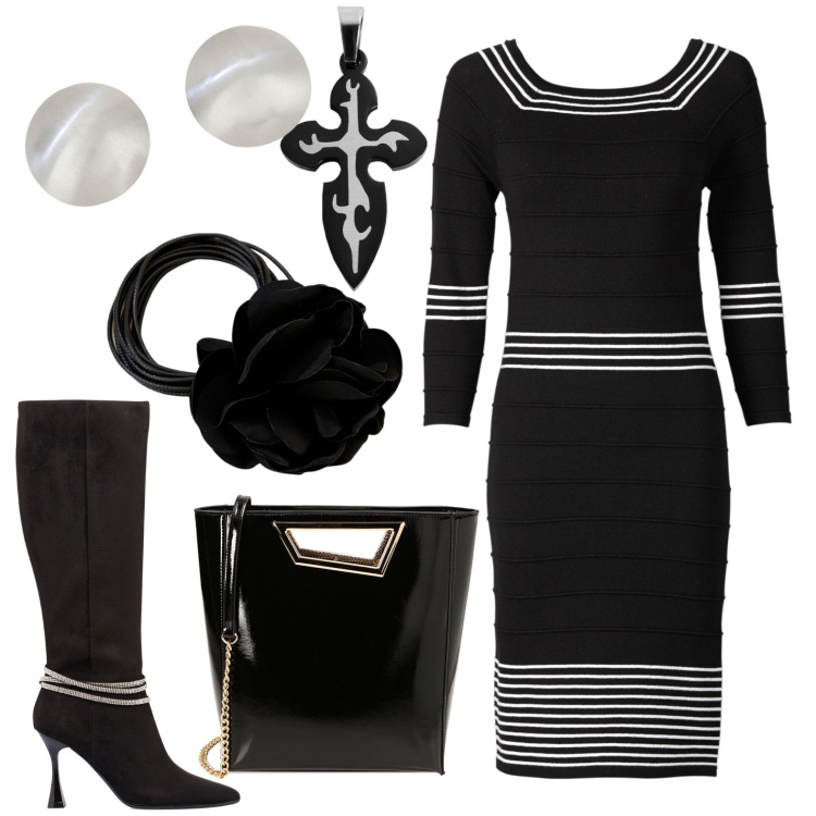 Outfit donna - Serata. Stile Chic per Serata fuori. Abbinamento con vestiti, borse a mano, collane, orecchini, stivali sopra il ginocchio, ciondoli.