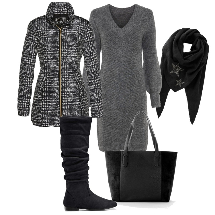 Outfit donna - Sofia. Stile Casual chic per Tutti i giorni. Abbinamento con vestiti, stivali, foulard, shopping bag, giacche.