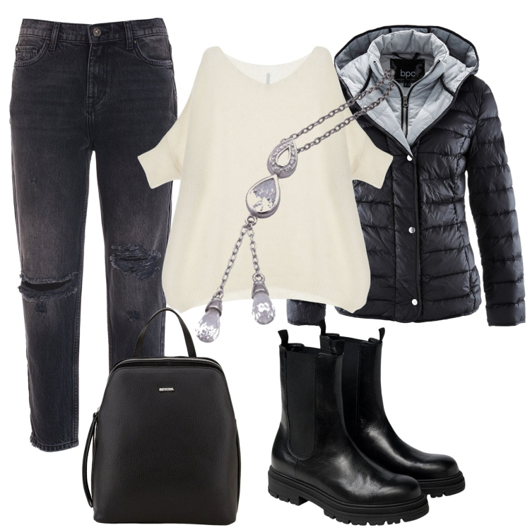 Outfit donna - Il pullover avorio. Stile Casual chic per Tutti i giorni. Abbinamento con piumini, jeans boyfriend, pullovers, zaini, stivaletti chelsea, collane.