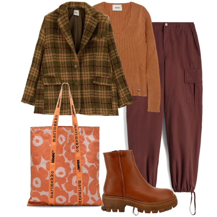 Outfit donna - Warm colors. Stile Boho per Tutti i giorni. Abbinamento con stivaletti, pantaloni cargo, cappotti, cardigans, borse tote.