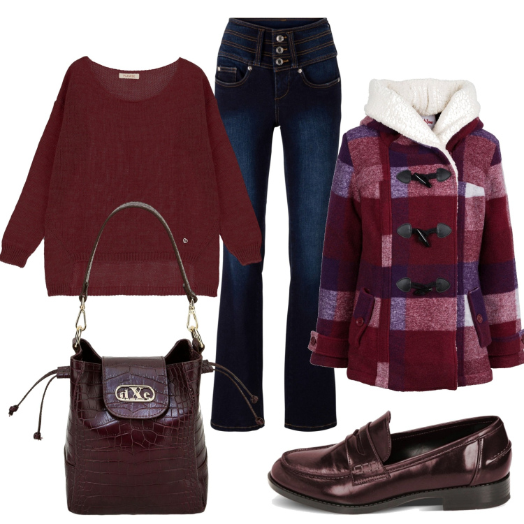 Outfit donna - Total look #1759238. Stile Casual chic per Scuola/Università. Abbinamento con jeans bootcut, blazer, maglieria, mocassini, borse a secchiello.