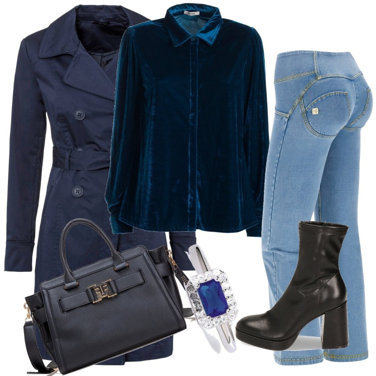 Outfit donna - Piace?. Stile Trendy per Scuola/Università. Abbinamento con trench, anelli, camicie, borse tote, stivaletti, jeggings.