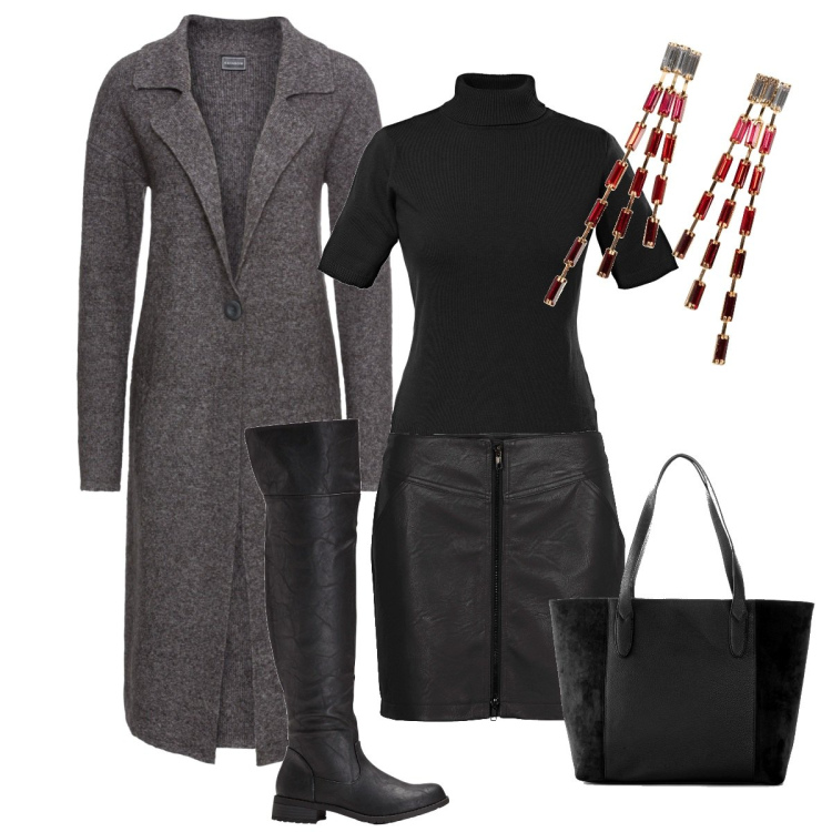 Outfit donna - Emma. Stile Rock per Tutti i giorni. Abbinamento con maglieria, shopping bag, minigonne, cappotti, stivali sopra il ginocchio, orecchini.