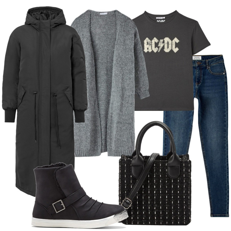 Outfit donna - verso il freddo. Stile Rock per Tutti i giorni. Abbinamento con stivaletti, cappotti, jeans skinny, t-shirt, shopping bag, cardigans.