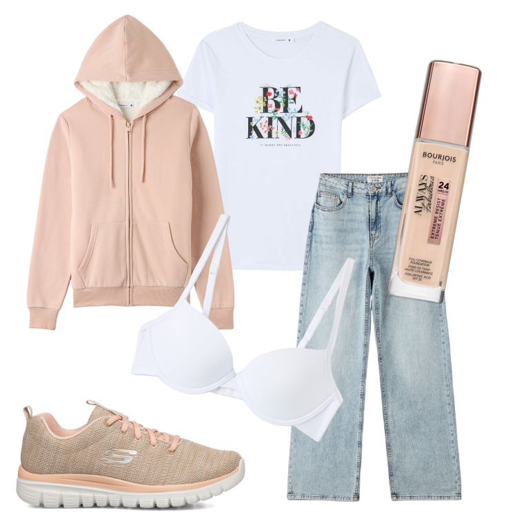 Outfit donna - Total look #1759269. Stile Casual per Tutti i giorni. Abbinamento con fondotinta, t-shirt, jeans, felpe con cappuccio, reggiseni, sneakers.