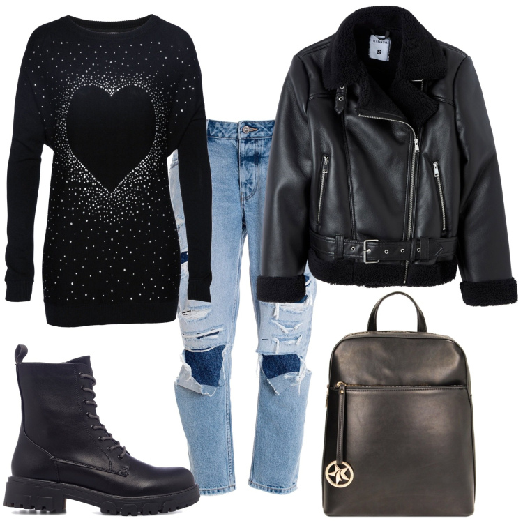Outfit donna - Pullover con il cuore. Stile Trendy per Tutti i giorni. Abbinamento con pullovers, ecopellicce, jeans boyfriend, zaini, anfibi.