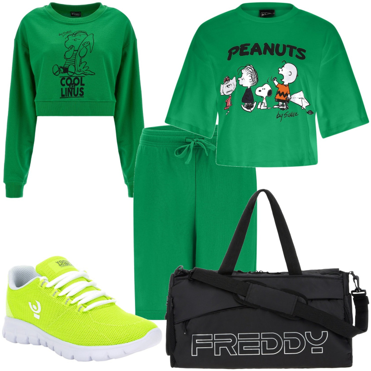 Outfit donna - La verde palestra. Stile Sporty chic per Sport. Abbinamento con borse sportive, bermuda, sneakers, felpe, t-shirt.