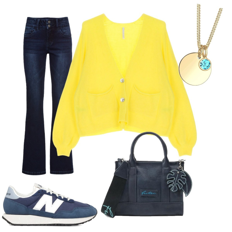 Outfit donna - pullover giallo e jeans. Stile Basic per Tutti i giorni. Abbinamento con jeans bootcut, cardigans, sneakers, ciondoli, collane.