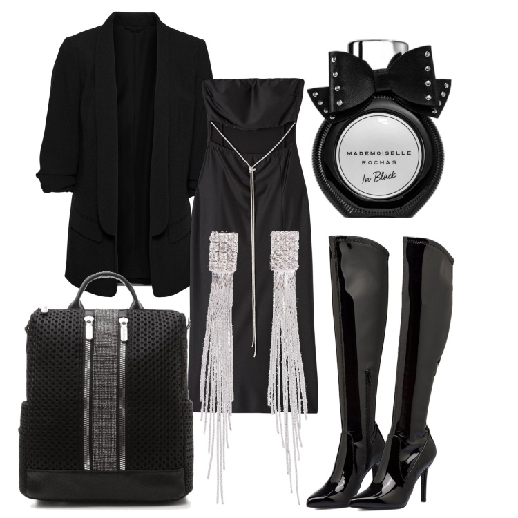Outfit donna - Nera con pendenti. Stile Glamour per Serata fuori. Abbinamento con orecchini, blazer, profumi, vestiti lunghi, zaini, stivali sopra il ginocchio.