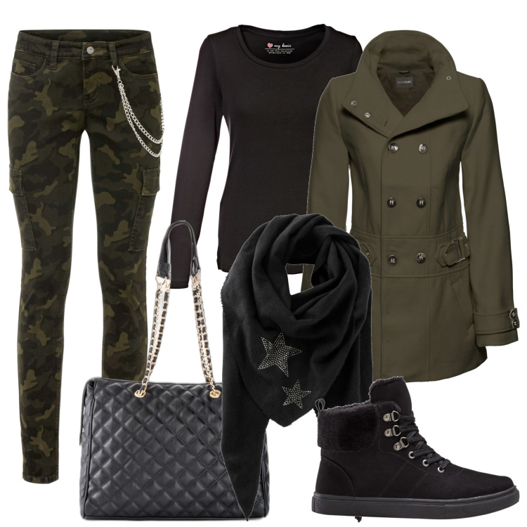 Outfit donna - Pantaloni mimetici. Stile Military per Tutti i giorni. Abbinamento con maglieria, sneakers alte, foulard, shopping bag, cappotti, pantaloni cargo.