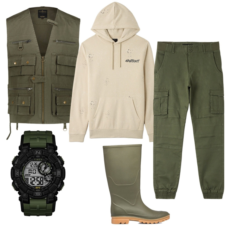 Outfit uomo - Il pescatore. Stile Casual per Sport. Abbinamento con stivali, gilet, pantaloni cargo, orologi digitali, felpe con cappuccio.