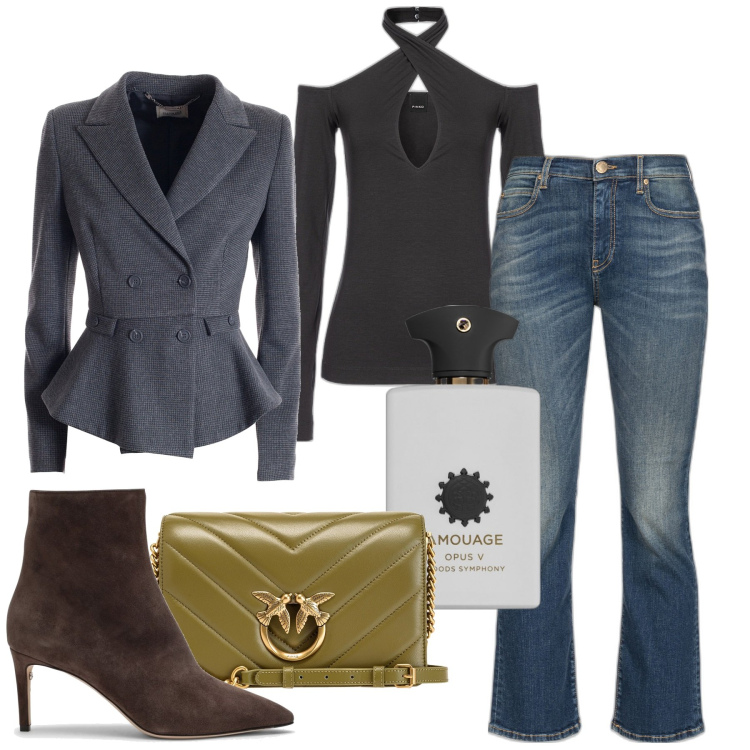 Outfit donna - Sguardo alto. Stile Casual chic per Serata fuori. Abbinamento con profumi, jeans bootcut, borse a tracolla, top, blazer, stivaletti.