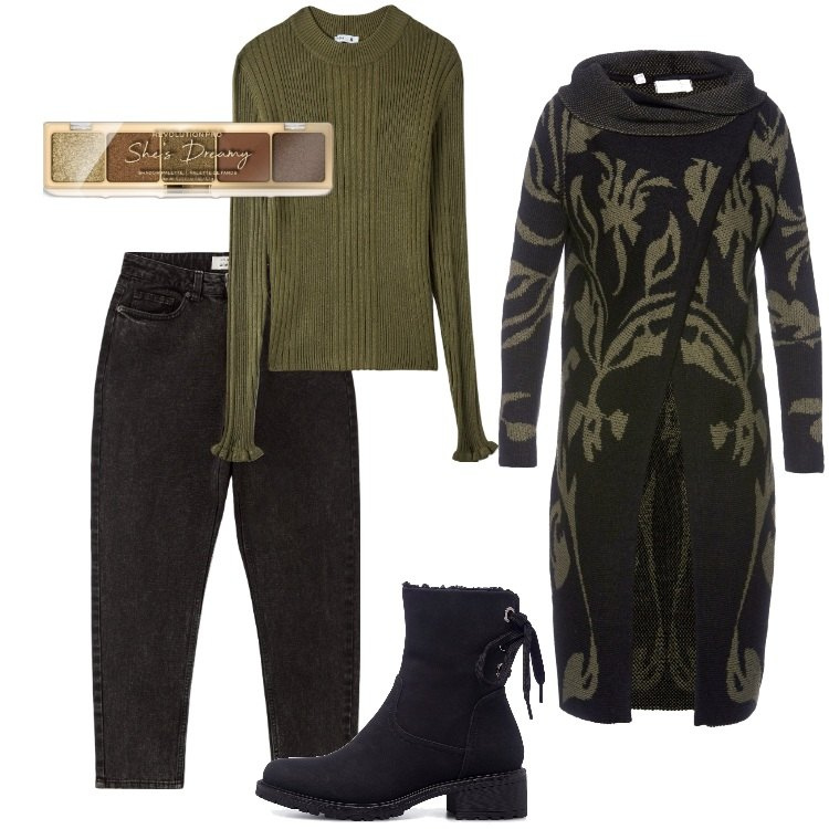 Outfit donna - Pre Black Friday - Novembre. Stile Etnico per Ufficio. Abbinamento con cardigans, ombretti, maglieria, jeans mom, stivaletti.