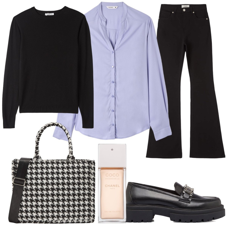 Outfit donna - Un’Europea a New York. Stile Casual chic per Tutti i giorni. Abbinamento con profumi, camicie, maglieria, pantaloni, shopping bag, mocassini.