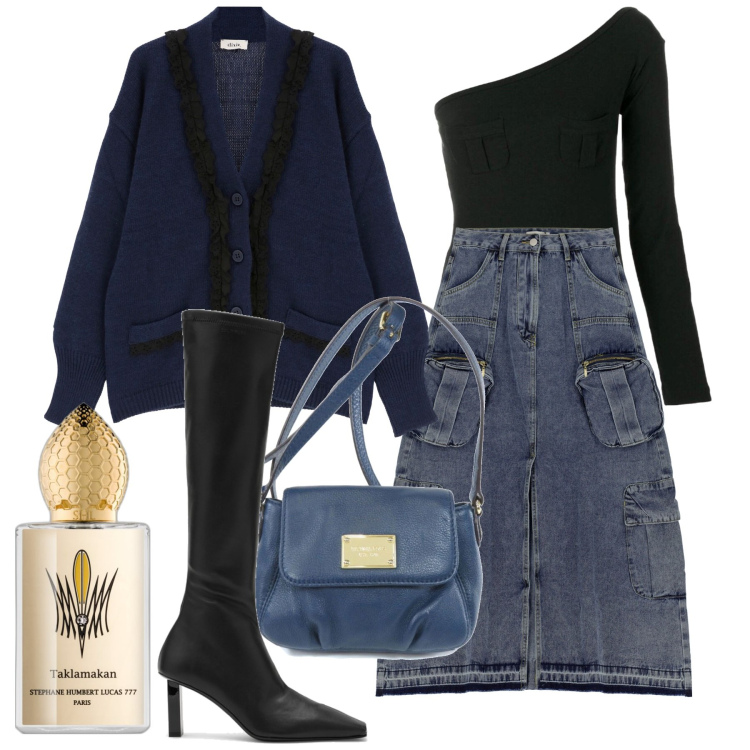 Outfit donna - Temeraria in monospalla. Stile Chic per Serata fuori. Abbinamento con borse a spalla, top, profumi, cardigans, gonne lunghe, stivali sopra il ginocchio.