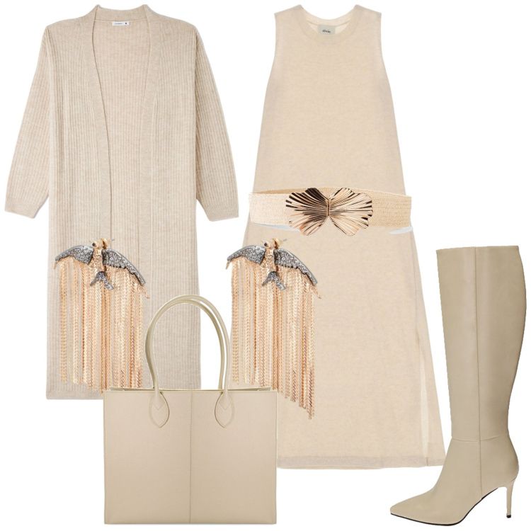 Outfit donna - L\'abito smanicato. Stile Trendy per Tutti i giorni. Abbinamento con cinture, cardigans, orecchini, vestiti midi/longuette, borse a spalla, stivali.