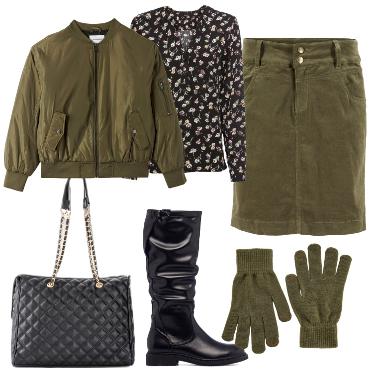 Outfit donna - City. Stile Basic per Tutti i giorni. Abbinamento con bluse, shopping bag, gonne lunghe, guanti, bomber, stivali sopra il ginocchio.