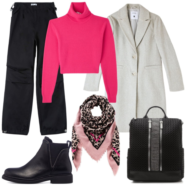 Outfit donna - Il lupetto Fuxia. Stile Casual per Tutti i giorni. Abbinamento con foulard, pantaloni cargo, maglieria, cappotti, zaini, stivaletti.