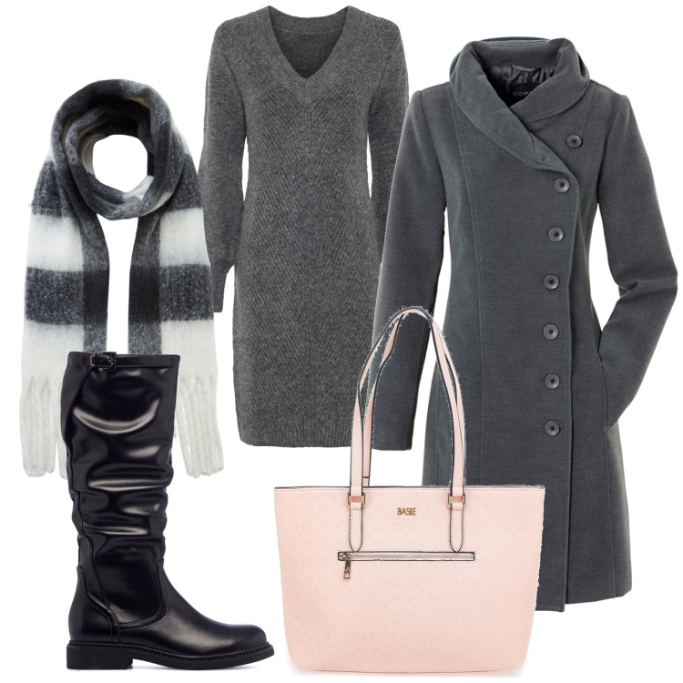 Outfit donna - Total look #1759532. Stile Basic per Tutti i giorni. Abbinamento con vestiti, cappotti, sciarpe, stivali sopra il ginocchio, borse a spalla.