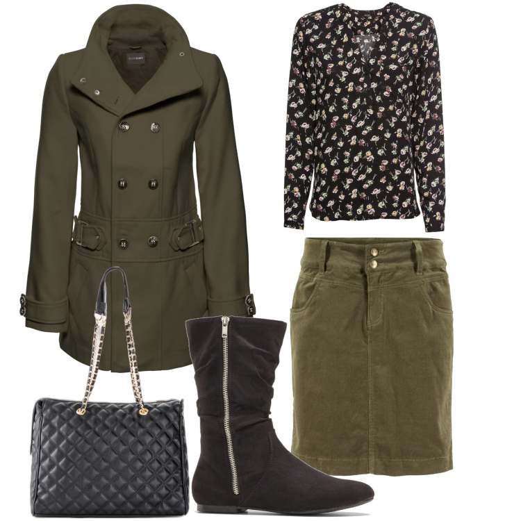 Outfit donna - Total look #1759543. Stile Casual per Tutti i giorni. Abbinamento con bluse, shopping bag, gonne lunghe, cappotti, stivali sopra il ginocchio.