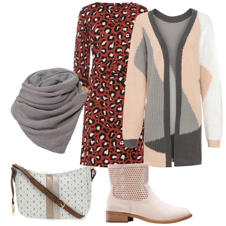 Outfit donna - Total look #1759544. Stile Casual per Tutti i giorni. Abbinamento con cardigans, foulard, vestiti, stivaletti, borse a tracolla.