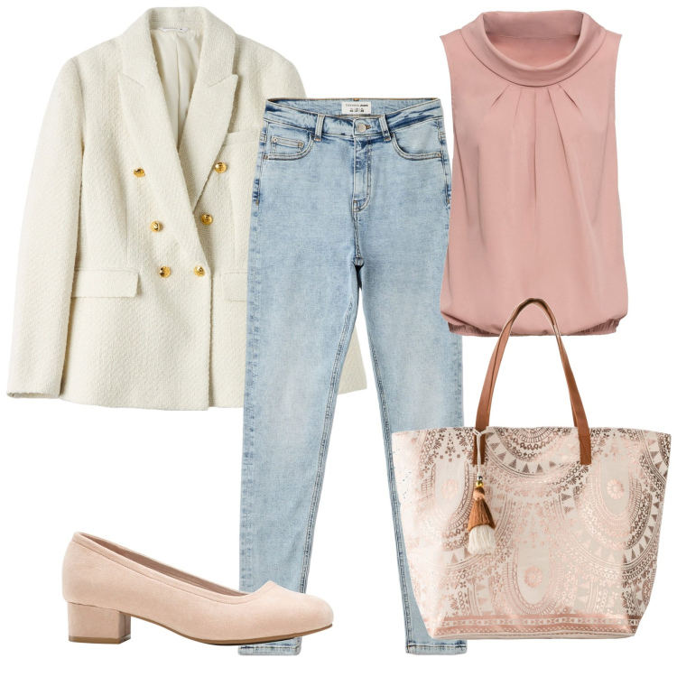 Outfit donna - Romantica. Stile Casual chic per Tutti i giorni. Abbinamento con décolleté, top, shopping bag, blazer, jeans skinny.