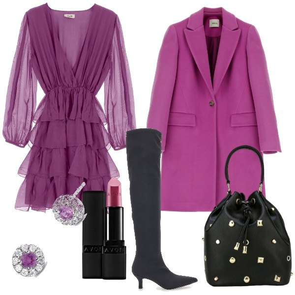 Outfit donna - Serata invernale. Stile Chic per Serata fuori. Abbinamento con rossetti, orecchini, cappotti, vestiti corti, borse a secchiello, stivali.