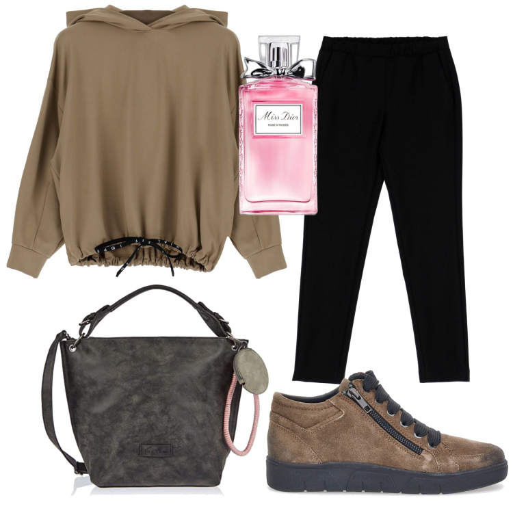 Outfit donna - Felpa Imperial. Stile Trendy per Tutti i giorni. Abbinamento con profumi, felpe con cappuccio, pantaloni, scarpe stringate, ciondoli.