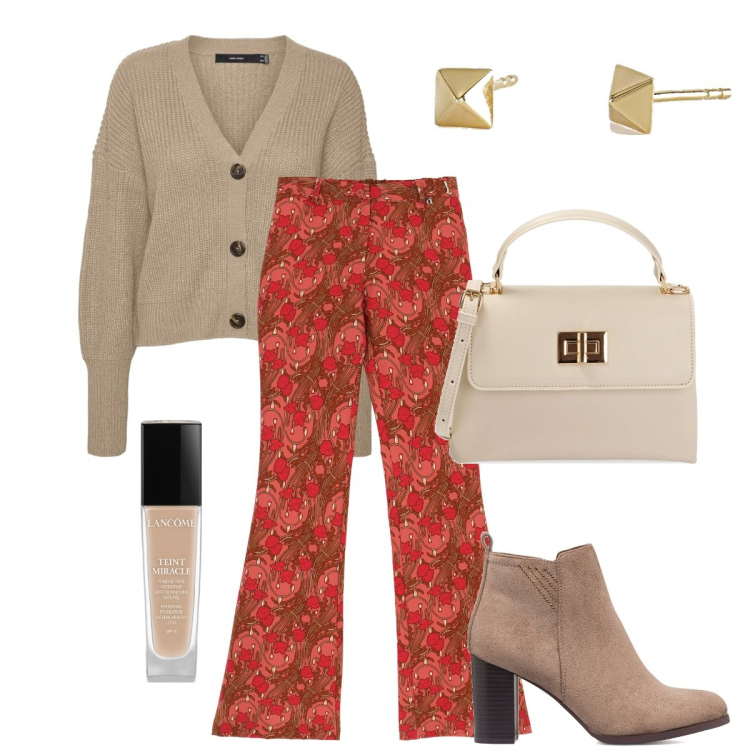 Outfit donna - Il pantalone autunnale. Stile Casual chic per Ufficio. Abbinamento con fondotinta, orecchini, borse a mano, cardigans, stivaletti, pantaloni.