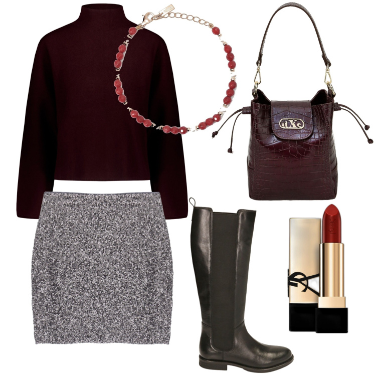 Outfit donna - Bordeaux. Stile Chic per Tutti i giorni. Abbinamento con rossetti, braccialetti, minigonne, stivali, borse a secchiello, maglieria.