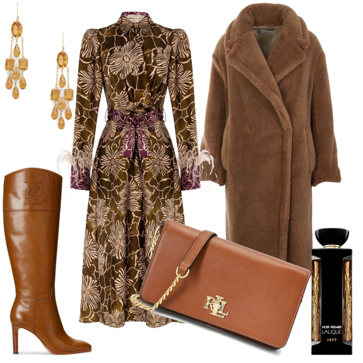 Outfit donna - Inverno bohemien. Stile Romantica per Serata fuori. Abbinamento con profumi, vestiti chemisier, borse a mano, stivali sopra il ginocchio, orecchini, cappotti.